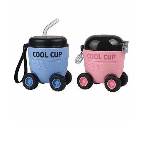 Kids Water Bottle 550ml / 18oz ??Fun Cup Design with Wheels & Strap ??Portable, Spill-Proof Bottle with Straw for Boys & Girls ??Great for School, Camping & Travel