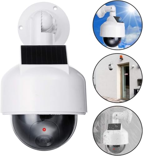 Rubik Dummy CCTV Security Camera Solar & Battery Powered with Flashing Red LED & Warning Sticker Sign, Fake Surveillance Indoor Outdoor Waterproof Dome Camera for Home Office