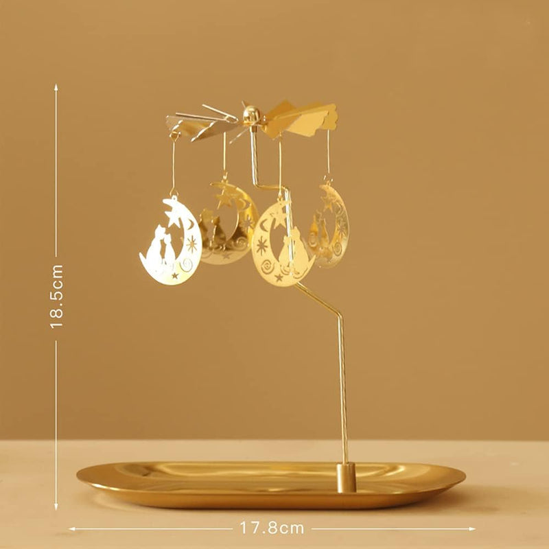 Creahaus Rotating Candle Holder with Tray, Gold Candle Spining Metal Holder for Christmas, Valentine's Day, Party Table Decor, Gift (Gold Carousel)