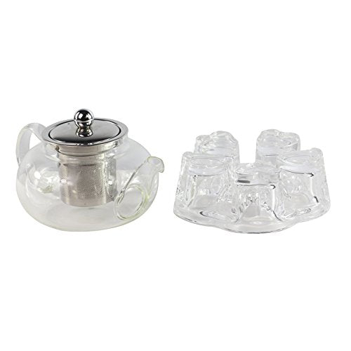 GOLDBEARUK Clear Glass Teapot Stainless Steel Infuser Set with Tealight Warmer