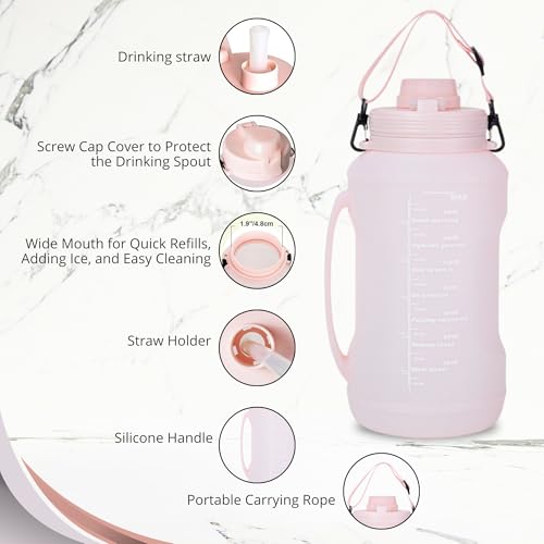The ABM 2L Collapsible Water Bottle - Leakproof BPA-Free, Reusable, Lightweight Travel Essentials & Water Bottle for Kids - Foldable for Gym, Camping, Hiking, Sports, w/Time Marker (Pink)