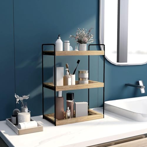 U-HOOME 3 Tier Bathroom Countertop Organizer,Wood Bathroom Vanity Organizer Shelf Storage,Bathroom Trays for Counter,Perfume Skincare Organizer Cosmetic Holder Kitchen Spice Rack (3 TIER)