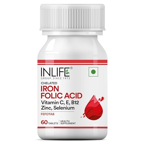 INLIFE Chelated Iron Folic Acid Supplement with Vitamin C, E, B12, Zinc & Selenium for Men Women - 60 Tablets (Pack of 1)