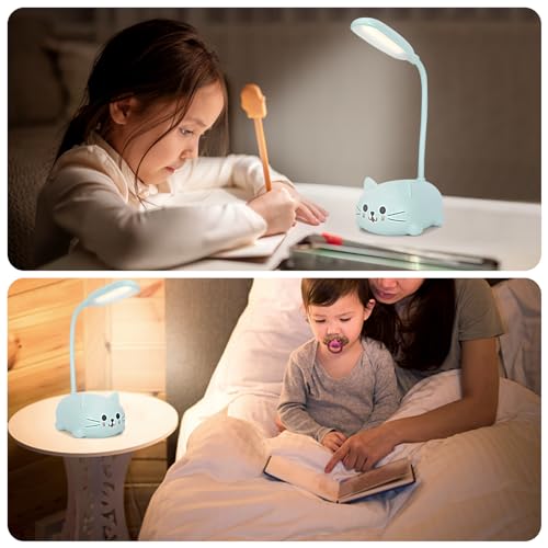 RuiDay Kids Lamp,Children's LED Desk Lamp Cute Cat Lamp,Foldable Table Light USB Charge,Kawaii Desk Accessories,Flexible Gooseneck Eye Care Cartoon Small Desk Lamp Girls Gifts (Blue)