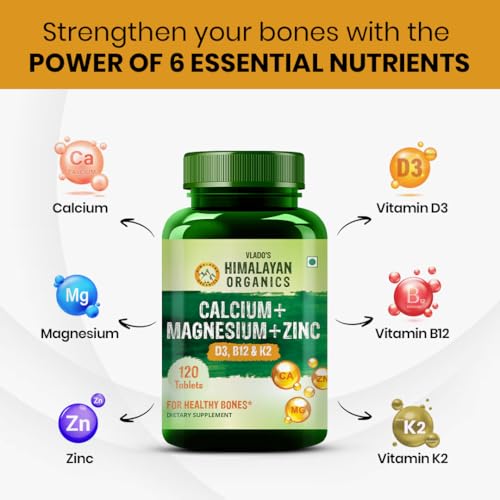 Himalayan Organics Calcium Magnesium Zinc Vitamin D3, B12 & K- 120 Vegetarian Tablets I Supplement for Women and Men, For Bone Health & Joint Support
