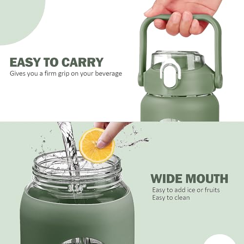 kytffu 56oz Glass Water Bottles with Straw, Motivational Glass Bottle with Silicone Sleeve and Time Marker, Leakproof Large Glass Water Jug for Gym Home Office,Olive