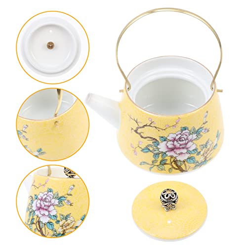 KOKOPO Vintage Chinese Ceramic Teapot Floral Porcelain Kung Fu Tea Pot Porcelain Flower Coffee Pot Water Pot for New Year Party Serving Kitchen Home Birthday Afternoon Tea Housewarming Gift Yellow