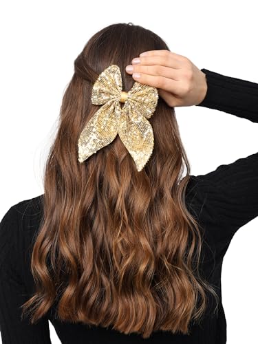 Radhu & Kabby Trendy Hair Bow for Women/Girls | Perfect for Special Occasions | Fancy & Stylish Hair Accessories | Anti-Hair Breakage | Glittery Golden Color | Same as pic | 1 Pcs