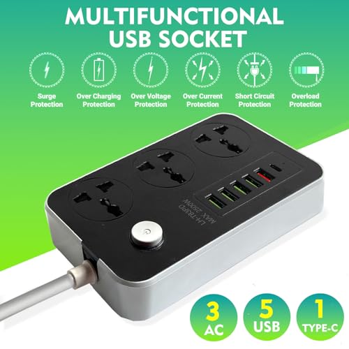 SKY-TOUCH Power Strips Extension Cords 3 Outlets, Universal Power Socket with 5 USB & 1 Type-C Ports, 2M Bold Extension Cord Plug Adapter for Home, Office, Kitchen