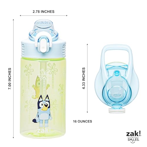Zak Designs Sage Bluey Kids Water Bottle For School or Travel, 16oz Durable Plastic Water Bottle With Straw, Handle, and Leak-Proof, Pop-Up Spout Cover (Bluey & Bingo)