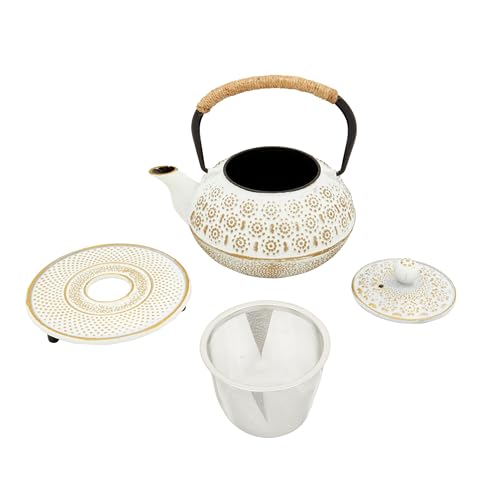 Juvale White Cast Iron Japanese Teapot with Handle, Infuser, and Trivet (800 ml, 27 oz)