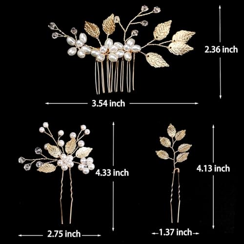 4 Pieces Bridal Wedding Hair Pins, Gold Leaf Hair Pins, Crystal Pearl Flower Hair Forks Vintage Bridal Hair Accessories Wedding Hair Clips Headpiece for Brides Bridesmaids Flower Women and Girls