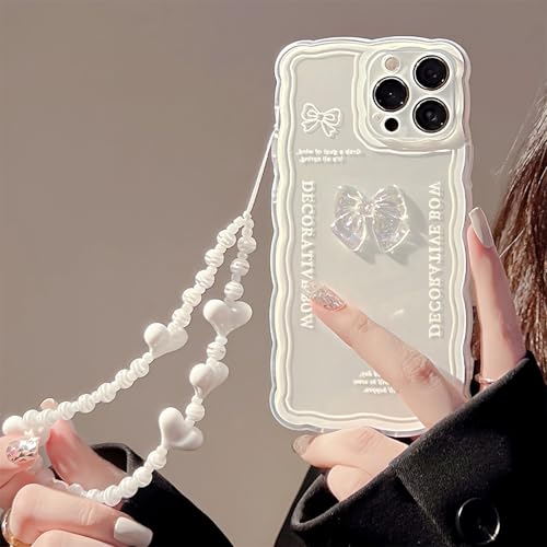 Rokmym Compatible with iPhone 16 Pro Case Cover with Glitter Pearl Bracelet Chain Strap, Phone Jewellery Case Cute Bear Design Glitter Pearl Woman Case for iPhone 16 Pro, 05