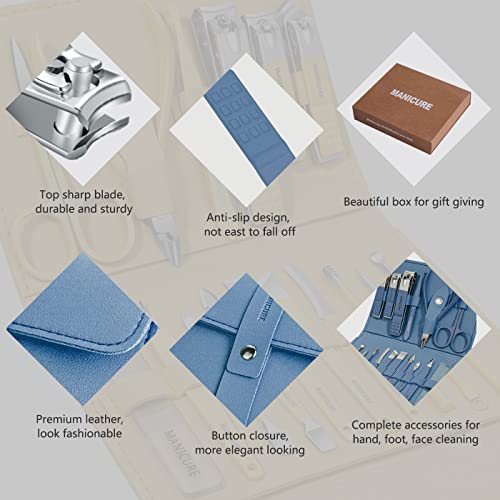 Leipple Manicure Set Professional Nail Clippers Pedicure Kit, 16 pcs Stainless Steel Nail Care Tools Grooming Kit with Luxurious Travel Leather Case for Thick Nails Men Women Gift (Blue), One Size