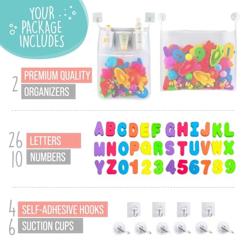 Comfylife 2 x Mesh Bath Toy Organizer  6 Ultra Strong Hooks  36 Bath Letters ââ?¬â?? Eco-Safe, Fun, Educational Foam Baby Bath Letters and Perfect Toy Storage Net for Baby Bath Toys & More