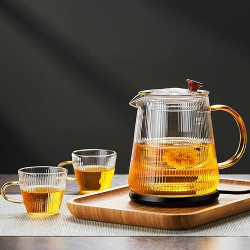 Glass Teapot Stovetop 800ML with Vertical Stripes, Borosilicate Clear Tea Kettle with Removable Filter Liner,Blooming and Loose Leaf Tea Maker Tea Brewer