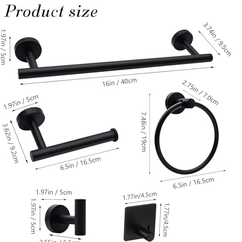 THE WHITE SHOP 14 Pcs Bath Towel Bar Set, Matte Black Stainless Steel Bathroom Hardware Set Matt Black Towel Holder Kit Hand Towel Holder Towel Ring Robe Hooks Water-Resistant, Rust-Resistant