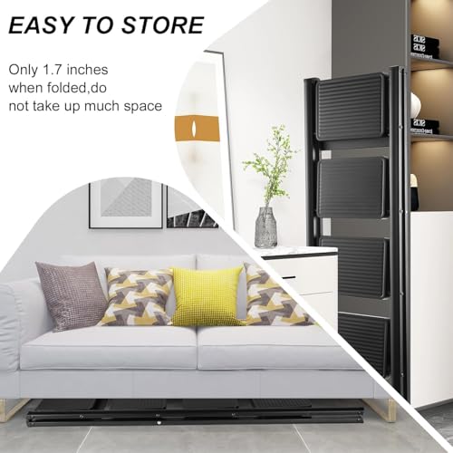 MOMENT 4 Step Ladder Folding, Sturdy 150kg Small Step Stool for Adults, Safer Full Steel Multi-use Kitchen Ladder for Home, Closet Step Stool Ladder with Anti-Slip Wide Pedals, Black