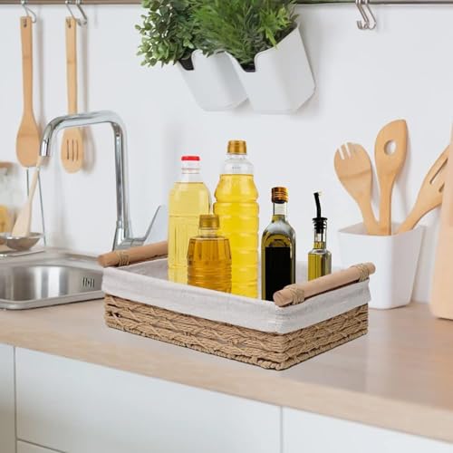 BOBBYQ Round Paper Rope Storage Basket Wicker Baskets for Organizing with Handle Decorative Storage Bins for Countertop Toilet Paper Basket for Toilet Tank Top Small Baskets Set (Set of 2,Beige)
