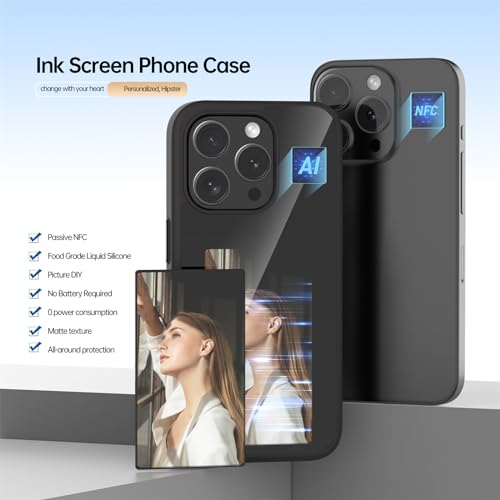 Arsey Smart Screen Projection Phone Case, DIY Images, NFC Transmission, 3.7 inch Ink Screen Display, Anti-Slip, Anti-Shock, Black (Fit for iphone 13 pro max)