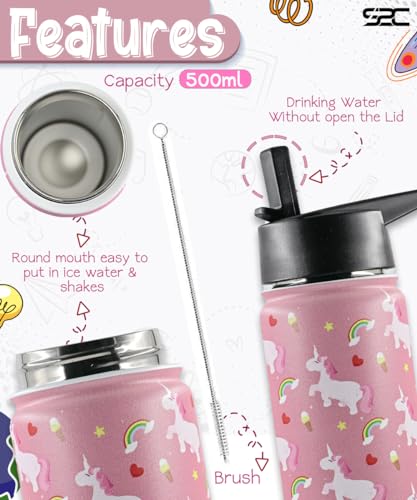 S2C Kids Water Bottle with Straw Lid – 550ml Stainless Steel, Double Wall Insulated, BPA-Free, Leak-Proof Bottle for School & Toddlers (PINK)