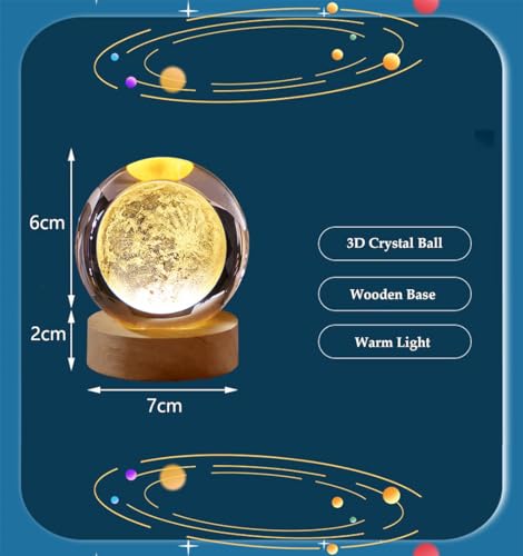 Aowin 3D Crystal Ball Night Light Galaxy Crystal Lamp LED Light with Wooden Base Glass Ball,Home Decoration Ornament,Birthday Gift for Girlfriend,Kids Crystal Ball Lamp,Warm Nightlight - Solar System