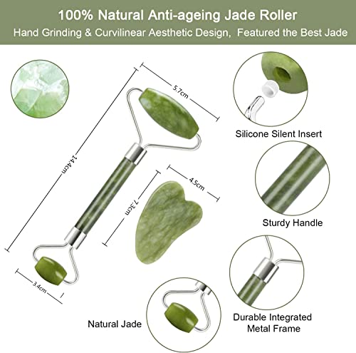 ELECDON Jade Roller for Face, Jade Roller and Gua Sha Set, 100% Real Natural Beauty Jade Facial Roller Massage Tool for Face Eyes Neck Body, for Reduces Eyes Puffiness Removes Wrinkles Skin Tightening