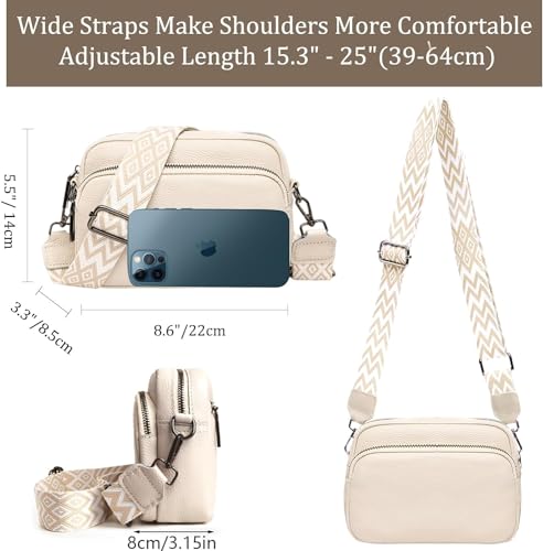 Crossbody Bag for Women, Small Leather Camera Purse Thick Strap Cross-body Bags, Triple Zip Shoulder Bag with Guitar Strap