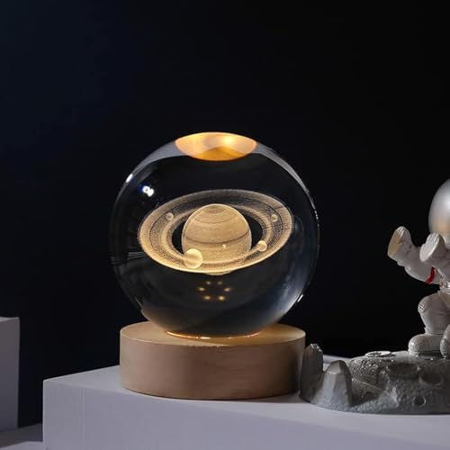EETU Crystal Glass Ball Night Light,3D Solar System Nightlight Wooden LED Display Base Stand Home Decor Birthday Gifts Decorations Lamp Funny Table Lamp Warm Light for Kids (Saturn (planet))