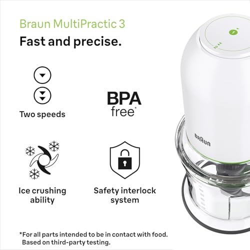 Braun MultiPractic 3 Chopper and Mincer | 2 Speed | 500 Watts | 500ml Bowl Capacity | Quad Blade System for Chopping | Ice Crushing | Mincing | Grinding | Pureeing - CH 3011 - White