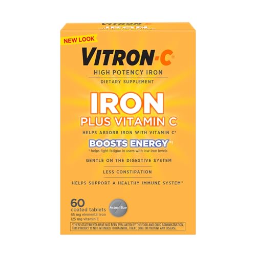 Vitron-C Iron Supplement, Once Daily, High Potency Iron Plus Vitamin C, Dye Free Tablets, 60 Count