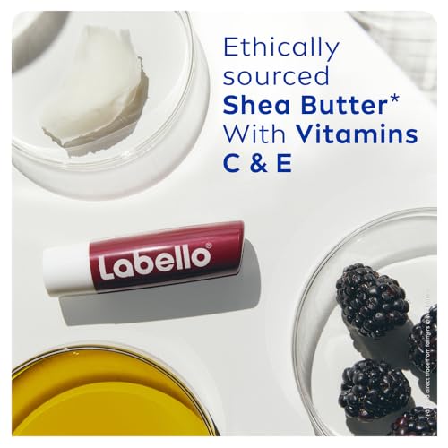 Labello Blackberry Shine Lip Balm, 24H Melt-In Moisture, with Shea Butter and Natural Oils Enriched with Vitamins, with Natural Ingredients, Mineral Oil Free, Vegan, 4.8g
