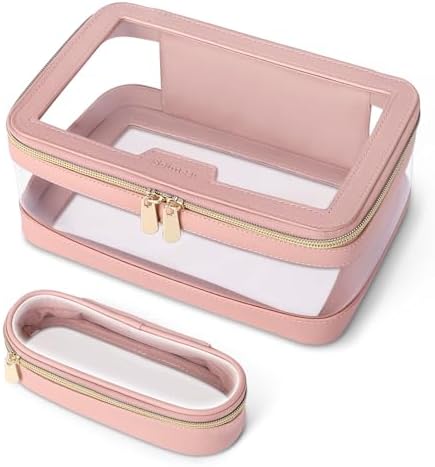 Soimeat Travel Clear Makeup Bag with Makeup Brush Bag, Leather Makeup Case Toiletry Bag, Portable Cosmetic Bag Case, Transparent Waterproof Cosmetic Organizer Storage Bag for Women, Black