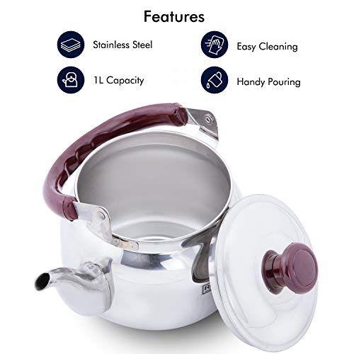Royalford Stove Top Tea Kettle â€“ Large Capacity Stainless Steel Stove-top Tea Pot - Tea Coffee Pot Ideal for Home Office & Hotel â€“ Compact & Stylish Design with Heat Resistant Handle, 1 Liter
