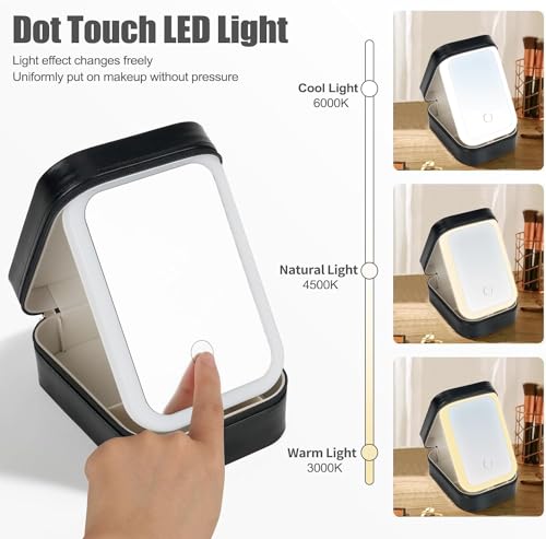 Tufexigo Travel Makeup Case with LED Mirror, Makeup Bag with Lighted Mirror, Cosmetic Train Storage Box, Portable Organizer Vanity Case for Women Beauty Tools Accessories Rechargeable (Black)