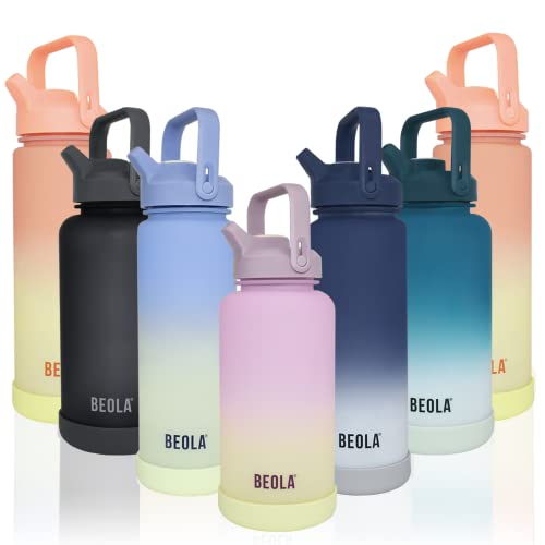 BEOLA 1000ml, 750ml, Motivational Water Bottle with Time Markers and Straw Lid, Tritan Plastic, BPA BPS FREE Leak Proof and Drop Resistant Office Bottles, 32oz, 25oz (Faded Denim, 750ml)