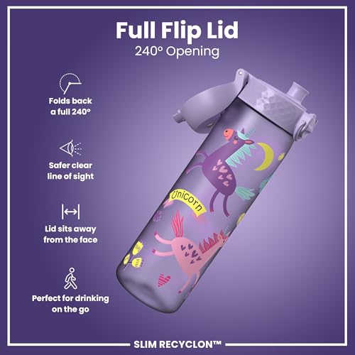 ION8 Water Bottle, 500ml/18oz, Slim Leak-proof & BPA-Free Drinking Bottle, Secure Lock Prevents Spills, Dishwasher Safe, Carry Handle, Ideal for Adults & Kids - Travel, Gym & School, Purple, Unicorns