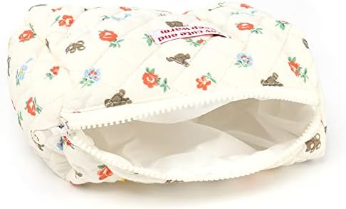 Juoxeepy Cotton Makeup Bag Large Travel Cosmetic Bag Quilted Cosmetic Pouch Coquette Aesthetic Floral Toiletry Bag, A-White, 10x5.9x5.3in