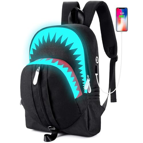 WVHTHVW Shark School Bag for Boys 12-14, Black Laptop Backpack for Boy, Noctilucent Cool Back Bag for Kids Back to School Travel (Black)