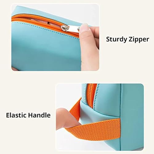 Small Makeup Bag, PU Striped Leather Cosmetic Bag, Portable Travel Makeup Pouch,Waterproof Cosmetic Pouch with Handle,Cute Makeup Bags for Women and Girls (Blue)