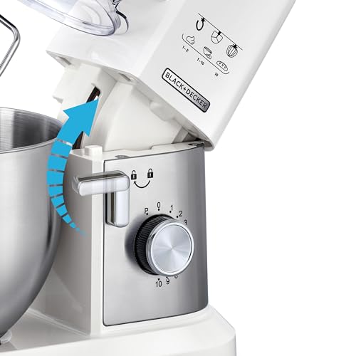 BLACK+DECKER Stand Mixer, 1000W, 6L Stainless Steel Bowl, 10 Speeds + Pulse, Planetary Action, Dough Hook, Beater, Whisk Attachments, Tilt Head, for Baking and Kneading, White - MKM100-B