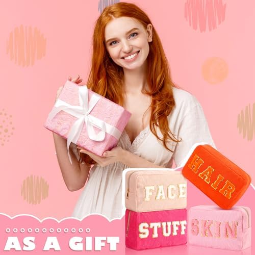 Pinkunn 4 Pcs Preppy Makeup Bags Christmas Chenille Letter Bag Face Skin Hair Stuff Cosmetic Bag Corduroy Makeup Pouch with Zipper Birthday Gifts for Women(Purple, Pink, White, Blue,Corduroy)
