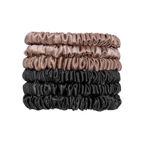 QIYUE 100% Mulberry Silk Scrunchies for Hair,Hair Ties Ropes Ponytail Holder for Women Girls Hair Accessories Decorations??air Elastics Bands (litegold black)