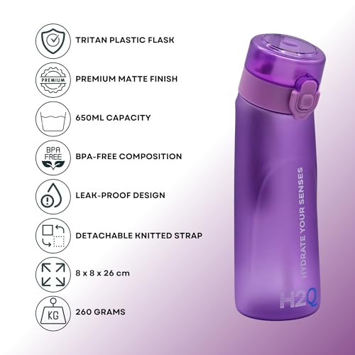 H2Q Water Bottle G2, 650ml Tritan Leakproof Flask, Matte Finish, BPA-Free, Lightweight with Detachable Strap, Air-Scent Hydration, Includes 1 Random Scented Pod (PURPLE)