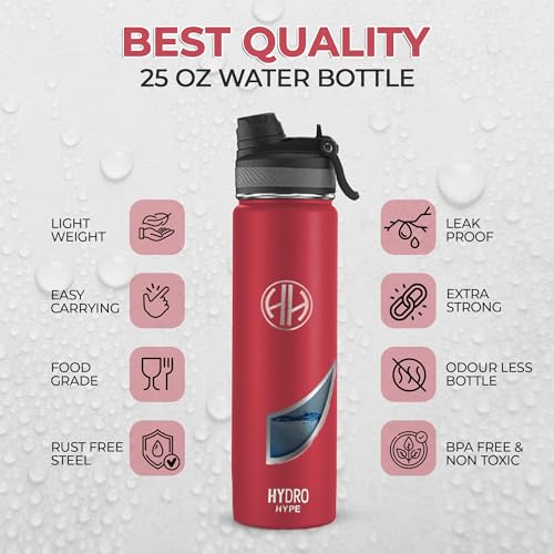 HYDRO HYPE Stainless Steel Water Bottle 750ml/25oz,Double wall,water bottle for Kids school,Sports water bottle for Adults,Work,Gym,Travel,home and Office,New 2 in 1 Lid (Cherry Red, 25oz/750ml)