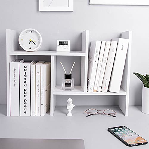 TKAS Desktop Organizer Bookshelf Office Storage Rack Adjustable Wood Display Shelf Home Decor Free Style Rotation Countertop Bookcase Office Supplies Desk Organizer Accessories (White)