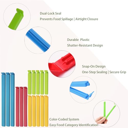 16Pcs Reusable Food Bag Clips for Food Storage in 4 Sizes and Colours,Food Bag Clips for Keeping Fresh,Food Clips for Freezer Bags, Pet Food,Sandwiches and Snacks Storage.
