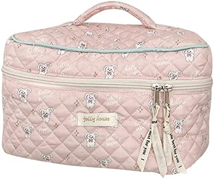 Juoxeepy Cotton Makeup Bag Large Travel Cosmetic Bag Quilted Cosmetic Pouch Coquette Aesthetic Floral Toiletry Bag, A-White, 10x5.9x5.3in