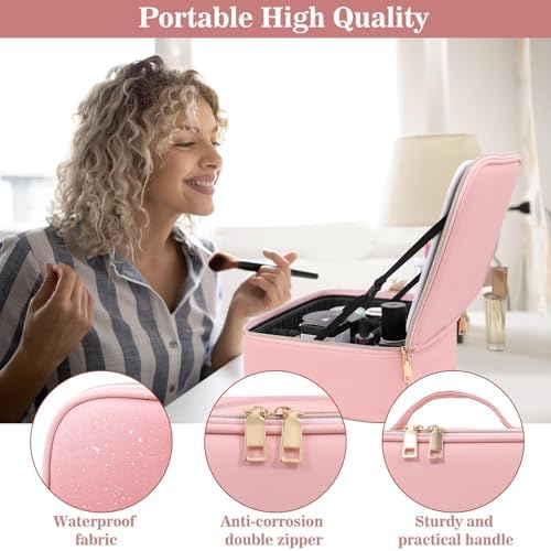 MOMENT Makeup bag with LED mirror, Travel Makeup Bag 3 Adjustable Brightness LED makeup bag with mirror and Dividers suitable for your Jewelry, Essential oil,Toiletries storage and makeup daily Pink