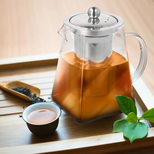 YILANJIN Glass Teapot, 750 ml Square Glass Teapot with Removable Infuser, Borosilicate Glass Teapot, Stovetop Safe Tea Maker, Perfect for Tea, Flowering Tea, Herbal Tea and Coffee